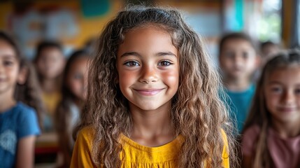 Fototapeta premium A smiling diverse group of children in a colorful classroom shows diversity, inclusion, unity, teamwork, and childhood friendship.