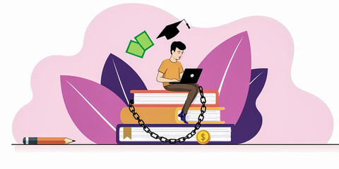 focused young man using laptop while sitting on a pile of books