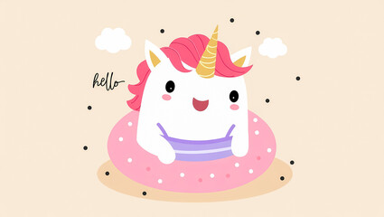Naklejka premium cheerful unicorn in pink inflatable ring