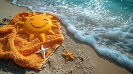 A smiling sun drawing on beach sand with a towel and starfishes evokes summer holidays and travel.