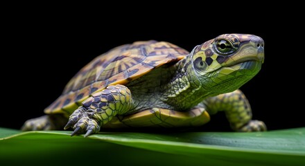 Obraz premium Elegant spotted turtle resting gracefully on lush green leaf background