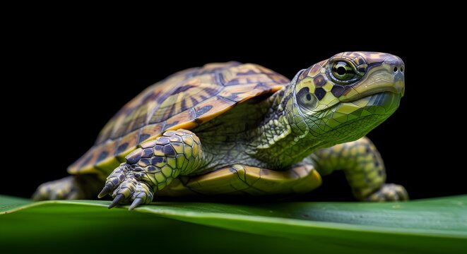 Elegant spotted turtle resting gracefully on lush green leaf background