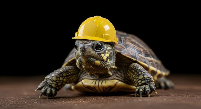 An adorable turtle wearing a yellow construction helmet on a dark background