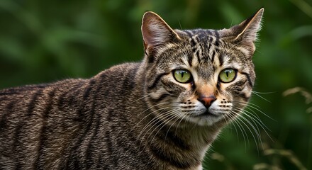 Fototapeta premium Captivating portrait of a tabby cat with striking green eyes outdoors