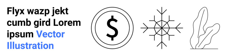 Obraz premium Dollar sign inside a circle, stylized snowflake, and abstract plant in clean line art. Ideal for finance, winter, nature, minimalism, modern design, abstract concepts and simple landing page