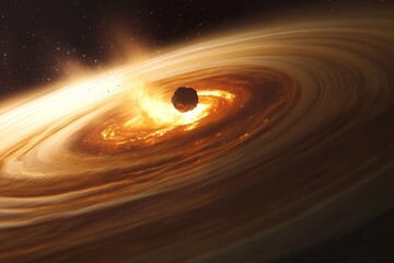 A fiery celestial object in an accretion disk with glowing gas and dust around it in space