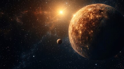 Obraz premium planet in a triple star system, depicting the orbital dance of the planet in the star studded vista