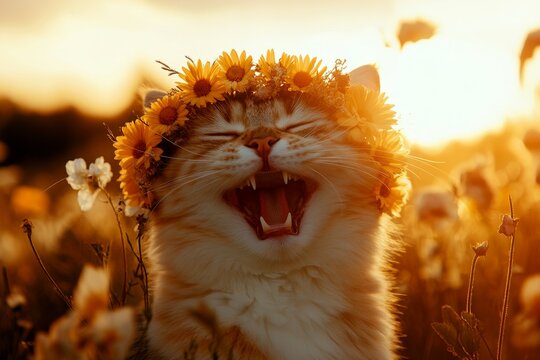 Vacation time happiness. Golden hour in sunset. Cute adult cat pixiebob wearing savage flower circlet on its head. Lovely cat with floral charm. Bright summer portrait of a cat.
