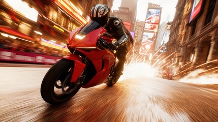 High-speed motorcycle stunt times square action photography urban environment dynamic perspective thrilling adventure