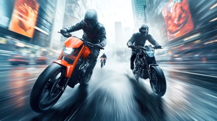 Motorcycle racing action in urban rain dynamic content cityscape low angle thrilling experience