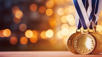 Golden Medals with Blurred Lights Background