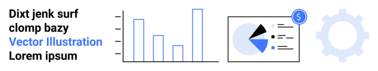 Bar graph, pie chart with annotations, and gear icon symbolizing data analysis, financial insights, and process optimization. Ideal for business, analytics, finance, productivity workflow