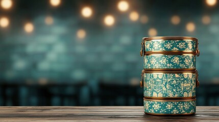 Elegant tiffin container stacked on rustic table restaurant interior food photography cozy atmosphere close-up culinary delight