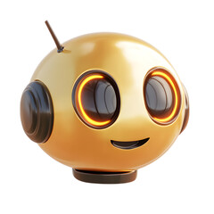 Naklejka premium A 3D rendered image of a golden glossy futuristic looking chatbot or virtual assistant with expressive cartoon like eyes and audio accessories like headphones