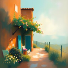"This digital artwork presents a serene landscape scene, rendered in a painterly style. The scene depicts a tranquil seascape, with gentle waves lapping against a sandy shore. The colors are muted and