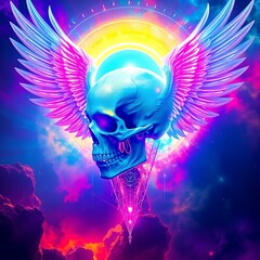 "A surreal digital creation showcases a skull adorned with vibrant, feathered wings. The skull, rendered in shades of blue and purple, appears to be floating against a backdrop of soft, pastel hues. T