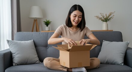 Joyful Asian Woman Opening a Package at Home, Smiling and Excited to Unbox Surprises in a Cozy Living Room with Soft Lighting