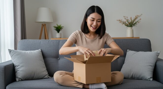 Joyful Asian Woman Opening a Package at Home, Smiling and Excited to Unbox Surprises in a Cozy Living Room with Soft Lighting
