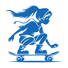 Silhouette of a Young Girl Skateboarding – Blue Vector Illustration