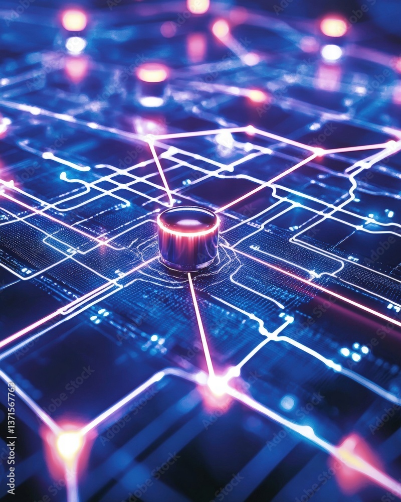 Poster circuit board with illuminated light source showing complex electronics and intricate connections