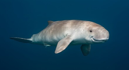 Naklejka premium Curious Irrawaddy Dolphin swimming underwater in a clear blue ocean