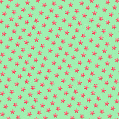 Seamless tropical pattern with small pink starfish scattered on a mint green background. Fun and playful summer design, perfect for beach themes, swimwear, textiles, wallpapers, digital backgrounds