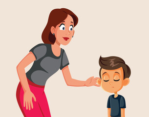 Mom Calms Her Son by Offering Comfort Vector Illustration. Boy being upset needs empathy and care from his mom 
  