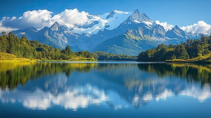 Fototapeta premium A tranquil lake reflects snow-capped mountains and forested hills in a breathtaking New Zealand landscape, showcasing nature's serene beauty with clear reflections.