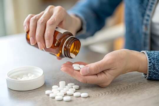 Sick ill asian young woman, girl hold tablet pill on hand pour capsule from medication bottle, painkiller medicine from stomach pain, head ache, pain for treatment, take drug or vitamin, health care.