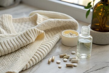 Sick ill asian young woman, girl hold tablet pill on hand pour capsule from medication bottle, painkiller medicine from stomach pain, head ache, pain for treatment, take drug or vitamin, health care.