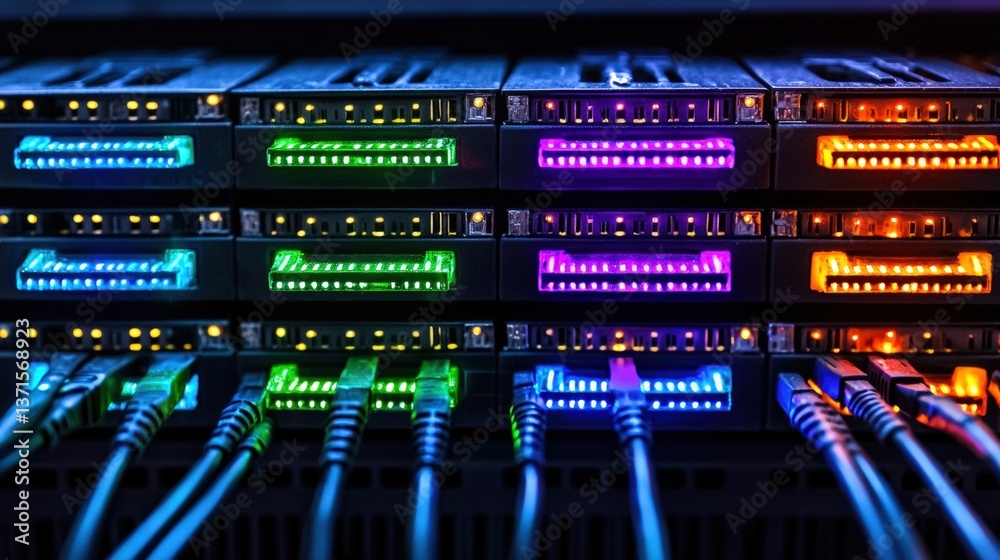 Poster server rack displaying various colored lights indicating functionality within a data center environm