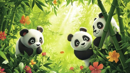 Two Playful Pandas Surrounded by Lush Greenery and Colorful Flowers