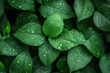 Obraz premium Close-up of vibrant green leaves with water droplets