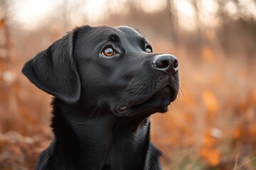Dog in autumn field looking up with alert expression