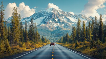 A vehicle drives on a two-lane highway stretching through highlands with pine forests and giant mountains.