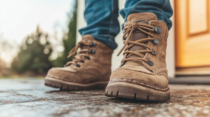 Hiking adventure footwear outdoor trail natural setting close-up view comfort and durability in focus