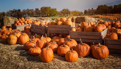 Pumpkin patch with beautifully arranged pumpkins of various sizes, surrounded by rustic wood.