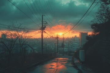 Silhouettes of power lines and poles at sunset with moody clouds