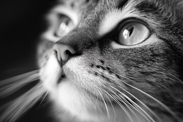 Close-up of cat in black and white with soft expression and fur detail