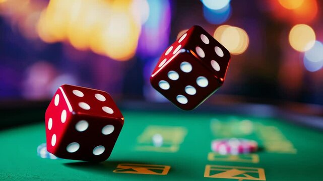 Red dice mid-roll above green casino table