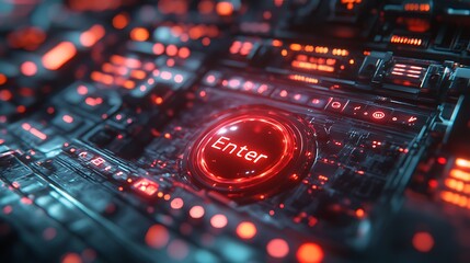 Obraz premium Futuristic Glowing Circuit Board Interface with Enter Button - Modern Technology Visual for Science Fiction and High-Tech Concepts
