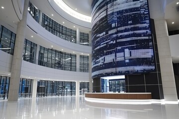 Dramatic Low Angle Shot of a Modern Building's Lobby Featuring a Massive Video Wall