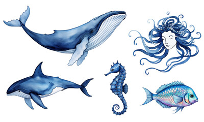 Stunning Watercolor Ocean Creatures: Whale, Shark, Seahorse, Fish, and Mermaid
