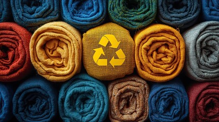 Fototapeta premium A vibrant yellow recycling symbol hovers over a diverse stack of rolled garments, representing sustainable fashion and textile reuse.