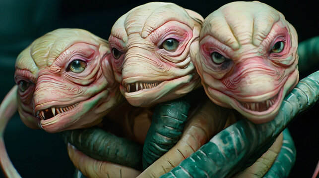 Three quirky little alien heads with unique features and expressions in a whimsical fantasy setting under dramatic lighting.