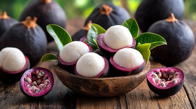 Juicy mangosteen with deep purple rind and soft white segmented flesh 