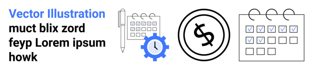 Calendar with marked dates, gear icon for time and task management, dollar sign for budgeting. Ideal for business planning, time tracking, financial planning, organization, productivity, scheduling