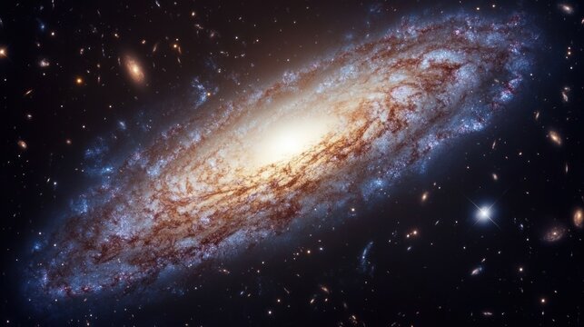 dwarf galaxy orbiting a larger galaxy with distinct star clusters and visible cosmic dust traces