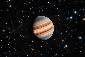 The image shows a striped planet resembling Jupiter with no rings, against a backdrop of stars in deep space