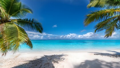 Fototapeta premium Tropical beach with crystal-clear turquoise waters, soft white sand, and palm trees 